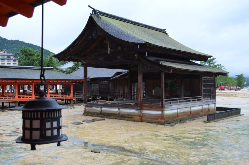 The outdoor nogaku stage at Itsukushima shrine is covered by two tiered roof