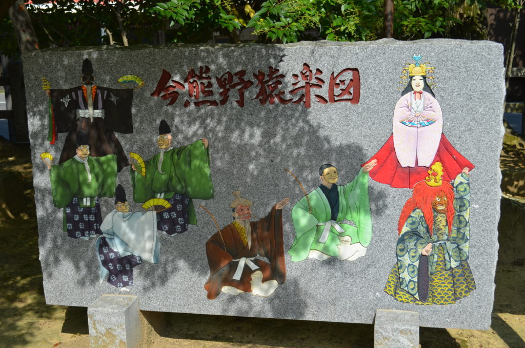 A rectangular stone sign depicting eight different noh characters and Japanese kanji characters