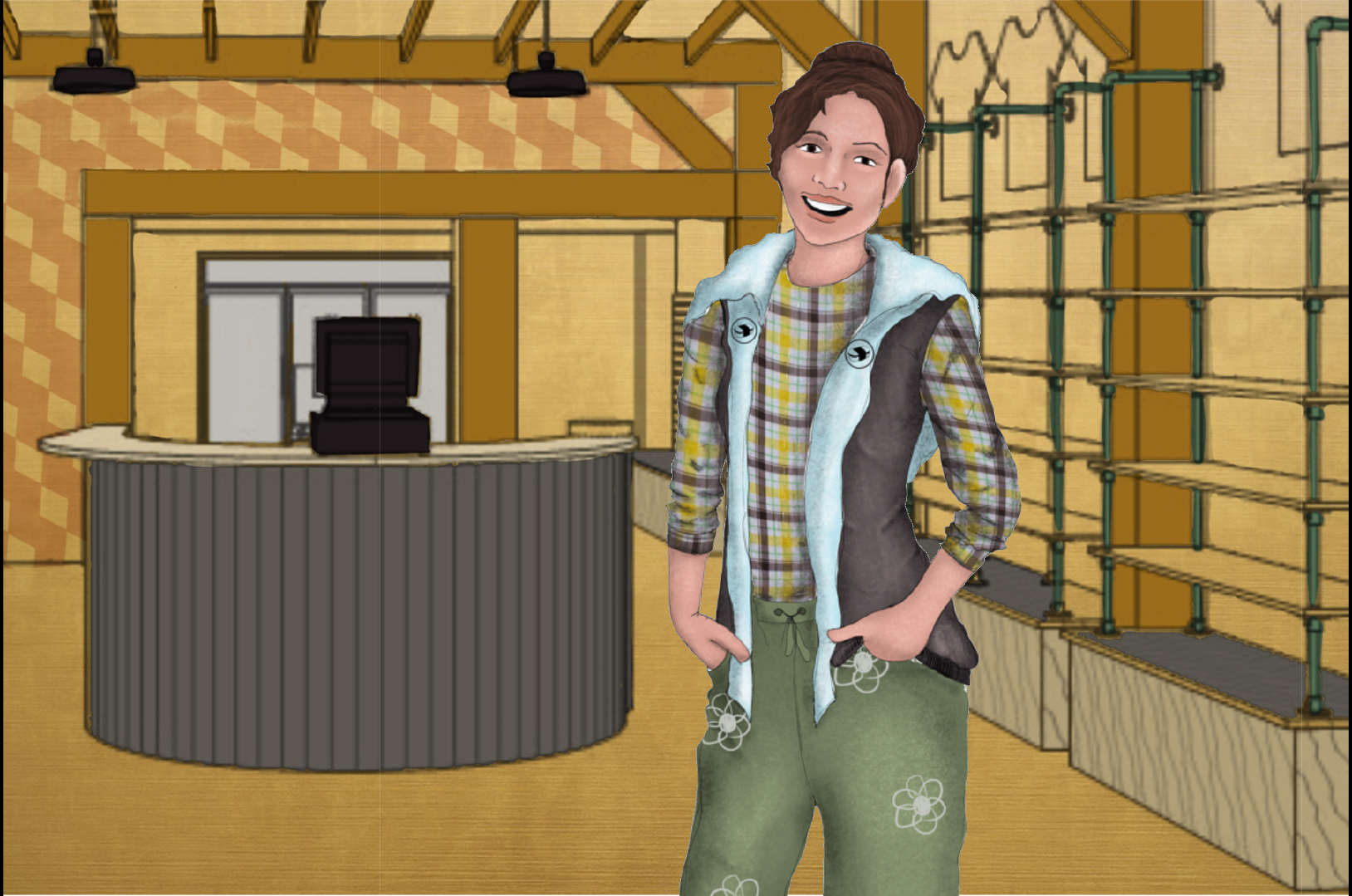 A costume rendering of an actor wearing a plaid shirt, a blue and purple vest with black crests, and green flower patterned pants