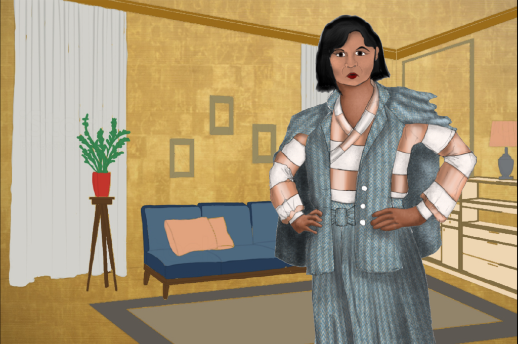 A costume rendering of a woman in a horizontally patterned long sleeved shirt with grey pants and a grey cape jacket draped over her shoulders.