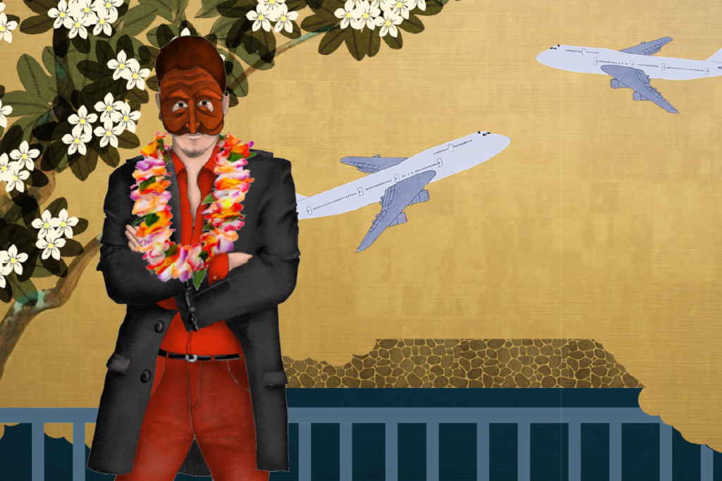 A costume rendering of an actor wearing a red collared shirt, red pants, a long black jacket, a lei, and a pantalone mask.