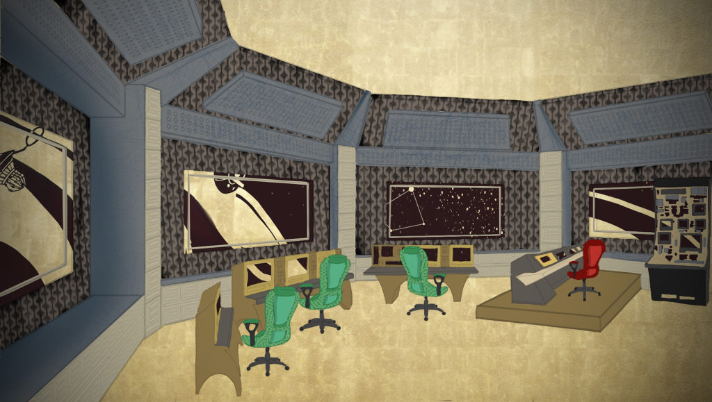 An illustration of a spaceship control center with three green chairs in front of screens, a red chair on top of an elevated control panel, and four windows looking out to an stylized space background