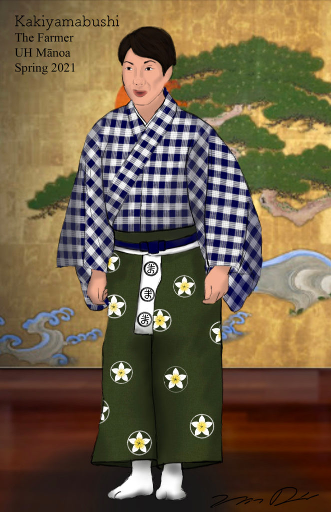 Costume rendering of a man in a blue and white palaka kimono and a purple hakama with a plumeria crest pattern against a gold background.