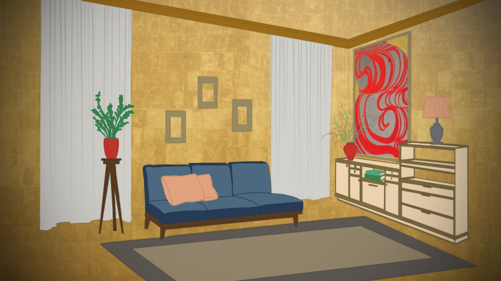 An illustration of a living room with a couch, a floor rug, shelves and paintings on the wall on a gold background.