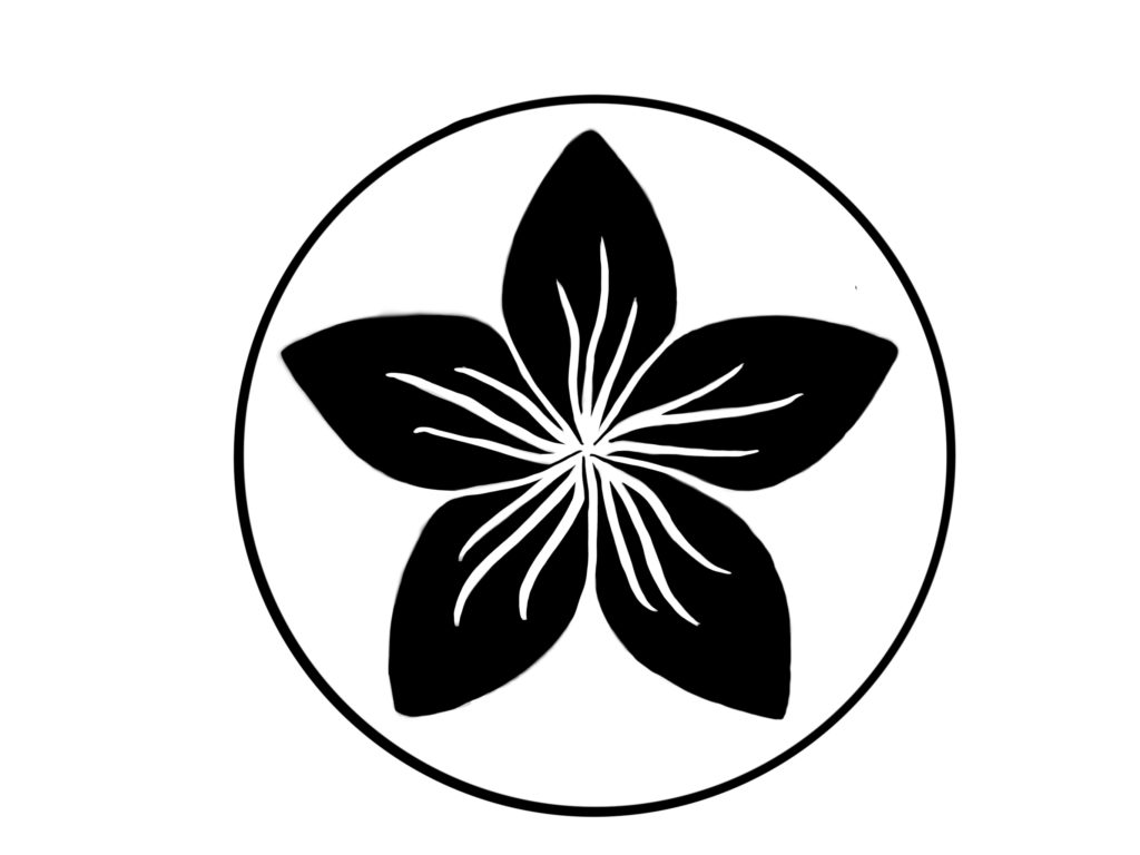 A black, circular crest that features a black plumeria illustration in the center.