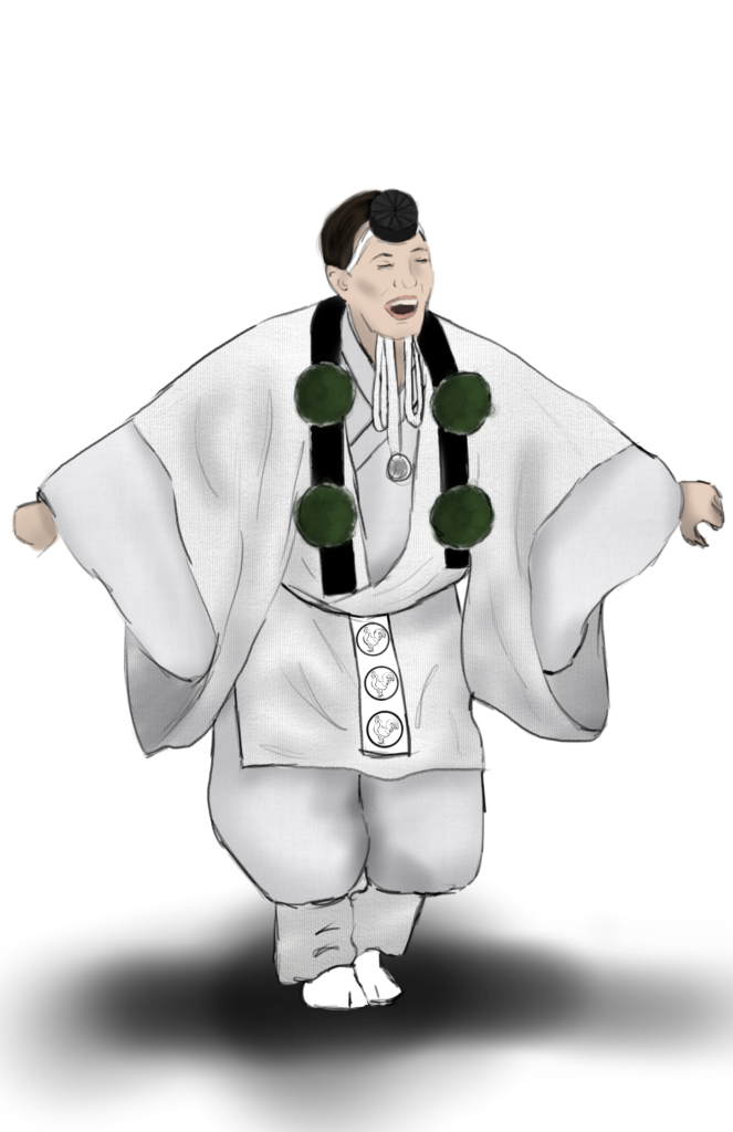 A costume rendering of a person in a white kimono, white hakama tied up under the knee, a small black hat, and green bobbles around their neck.