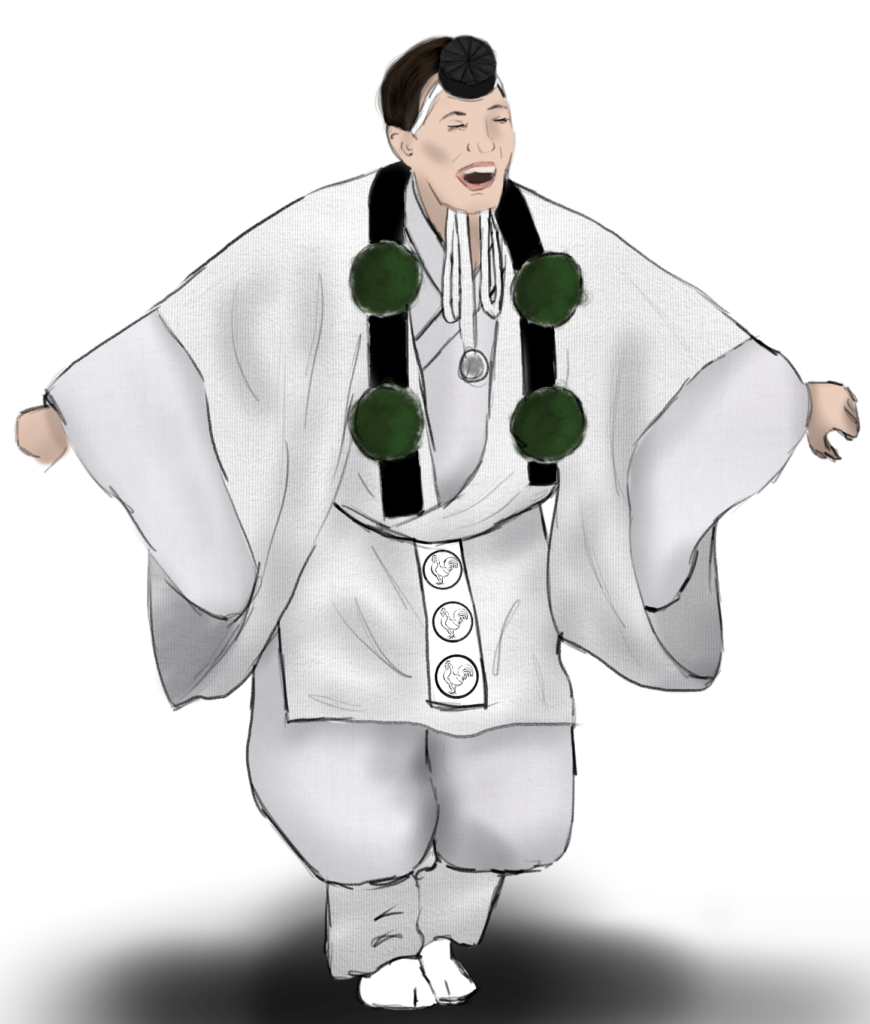 A costume rendering of a person in a white kimono, white hakama tied up under the knee, a small black hat, and green bobbles around their neck.