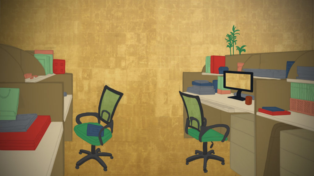 Illustration of a classic office space with desks, rolling chairs, files and a computer monitor on a gold background.