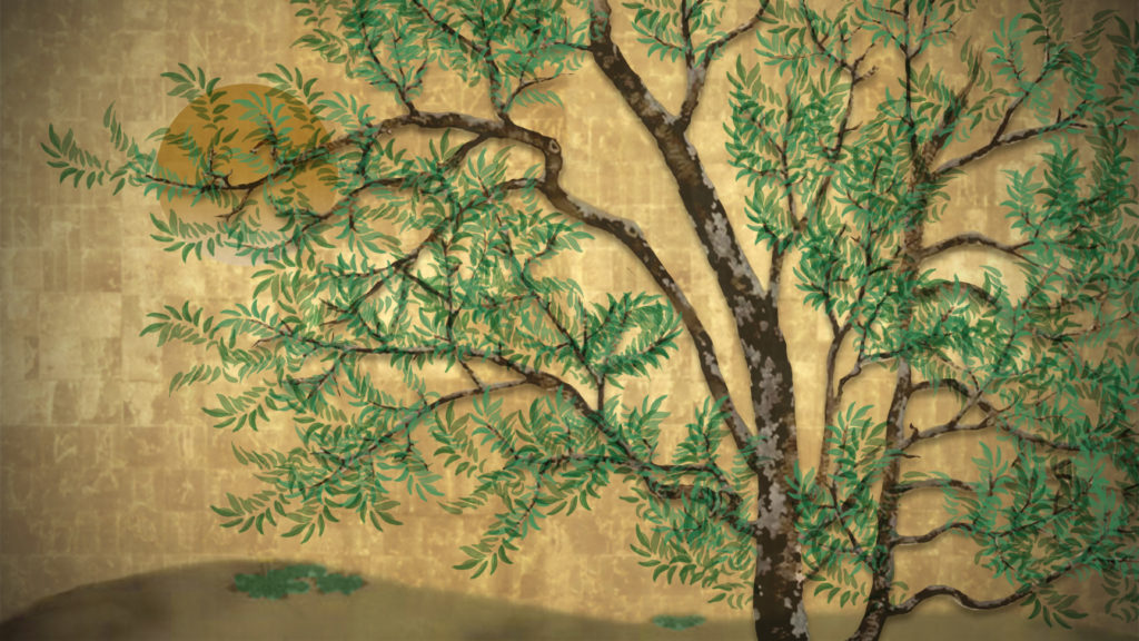 A illustration of a pecan tree on a gold background with a golden sun in the visible through the branches.