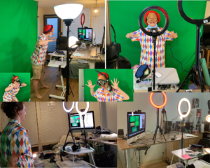 A collage of images of a woman wearing a diamond patterned shirt and an Arlecchino half mask in front of a green screen and surrounded by lamps, ring lights, tripods, a monitor, and desks with cables and props strewn across them.