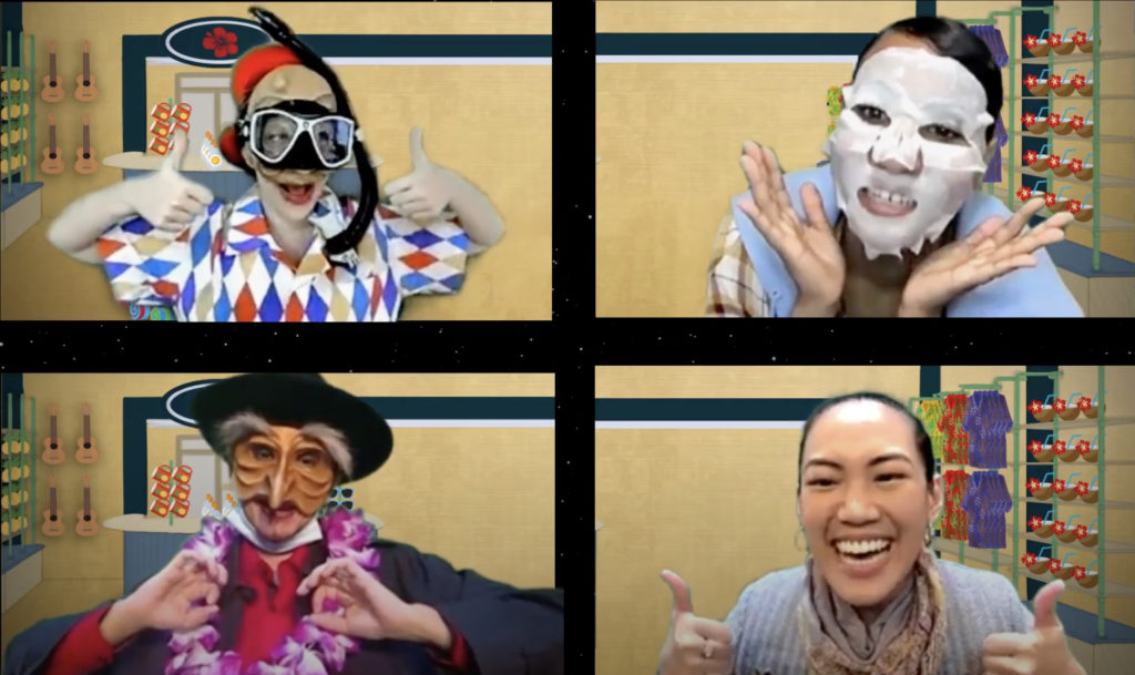 Four actors, each in their own box, smile at towards the front while posing to show off a variety of masks.