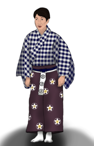 Costume rendering of a man in a blue and white palaka kimono and a purple hakama with a plumeria crest pattern.
