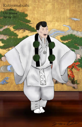 A costume rendering of a person in a white kimono, white hakama tied up under the knee, a small black hat, and green bobbles around their neck against a gold background.